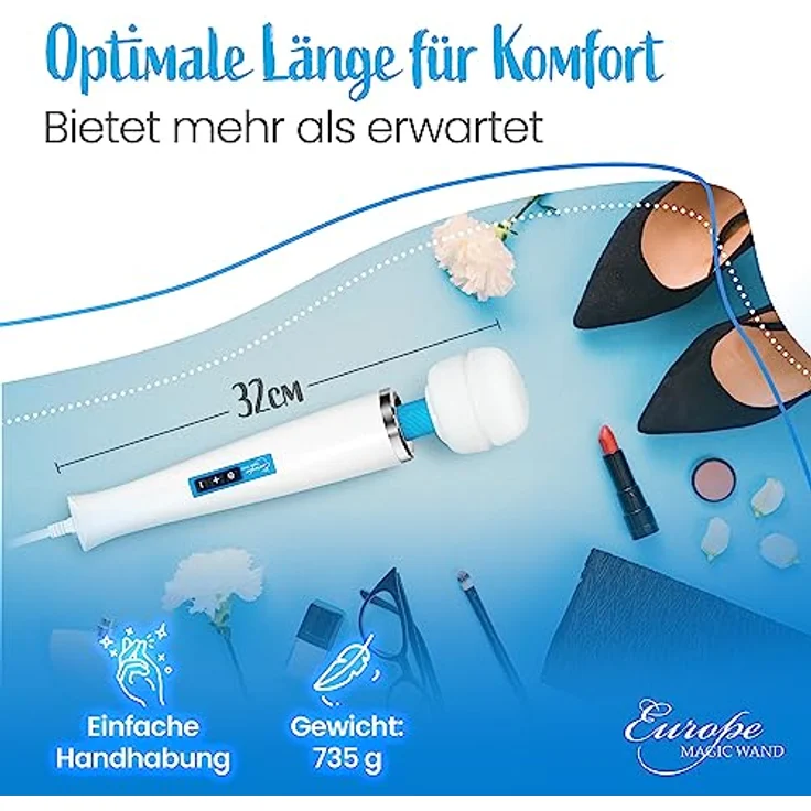 Europe Magic Wand, Ganzkörper-Massagestab mit 30 Watt Leistung, 6 Geschwindigkeitsstufen, Netzanschluss, hygienischem Silikonkopf, 236 cm Kabel Länge – Bild 3