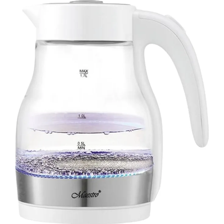 Maestro MR061, Wasserkocher mit 1,7 l Kapazität, 2200 W Leistung, transparentes Glas, Wasserstandsanzeige, Überhitzungsschutz, Weiß