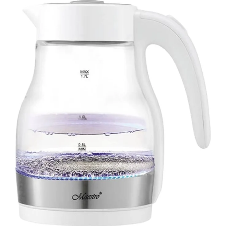 Maestro MR061, Wasserkocher mit 1,7 l Kapazität, 2200 W Leistung, transparentes Glas, Wasserstandsanzeige, Überhitzungsschutz, Weiß