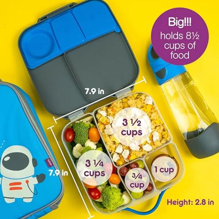 b.box Jumbo Bento Box, Brotdose für Kinder mit 4 Fächern (2 Auslaufsicher), herausnehmbarer Trennwand, Gel-Kühlakku, 2L, Batman Design – Bild 4