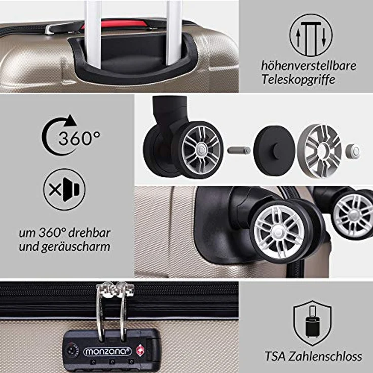 Monzana® Kofferset Exopack 3-teilig TSA Schloss Aluminium Teleskopgriff Gel-Griffe 210D Polyester ABS Hartschale Standfüße Koffer Trolley Champagner – Bild 2