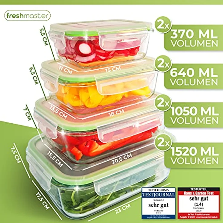 Fresh Master Frischhaltedose Glas Set - 100% auslaufsichere + luftdichte Vorratsdosen - BPA frei - Spülmaschinenfest - Mikrowellen, Backofen, Gefrierschrank geeignet - 16 teilig – Bild 2