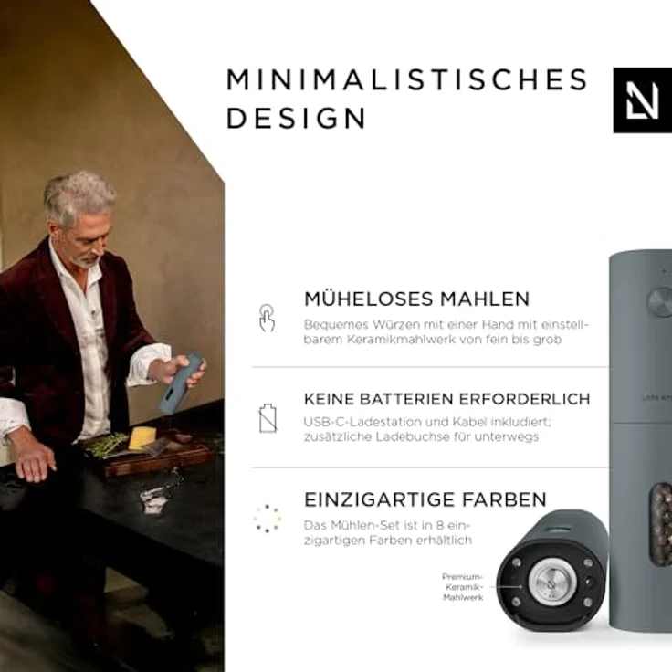LARS NYSØM Salz und Pfeffer Mühle Elektrisch 2er Set mit einstellbarem Keramik-Mahlwerk von grob bis fein I Design Gewürzmühlenset Automatisch (2 Stück, Matt Grey) – Bild 2