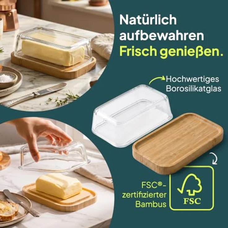 uandu Butterdose Glas mit Deckel für 250 g Butter – Borosilikatglas mit FSC-zertifiziertem Bambusboden und Spülmaschinenfestigkeit – Bild 5