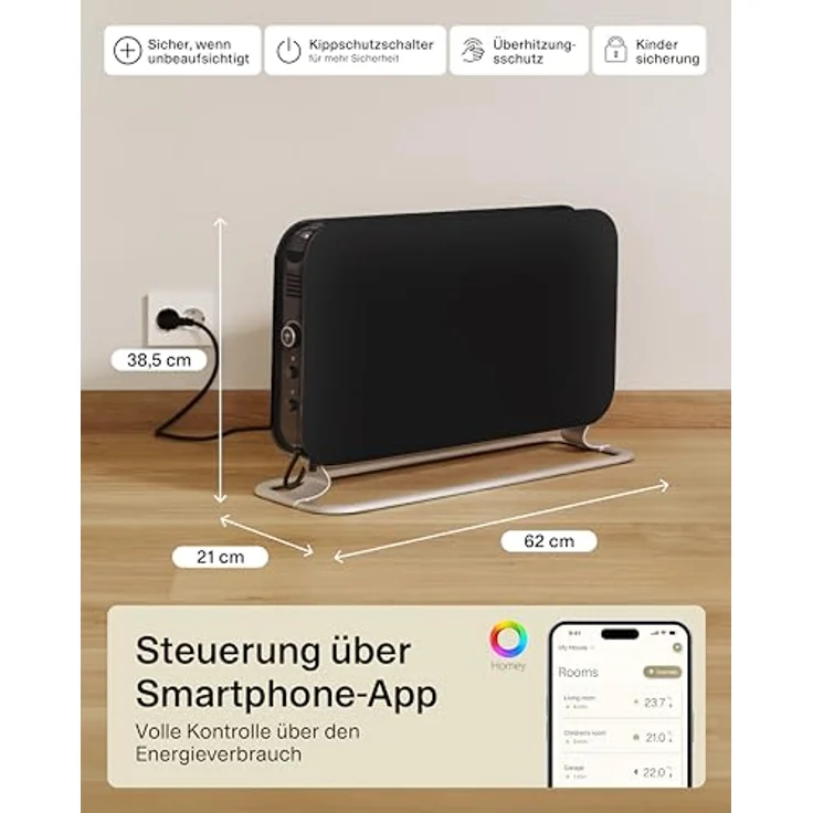 Mill Elektro Heizkörper 1200W, Smarte Konvektor Heizung mit WIFI, leise, für 14-18m² - Schwarz – Bild 5