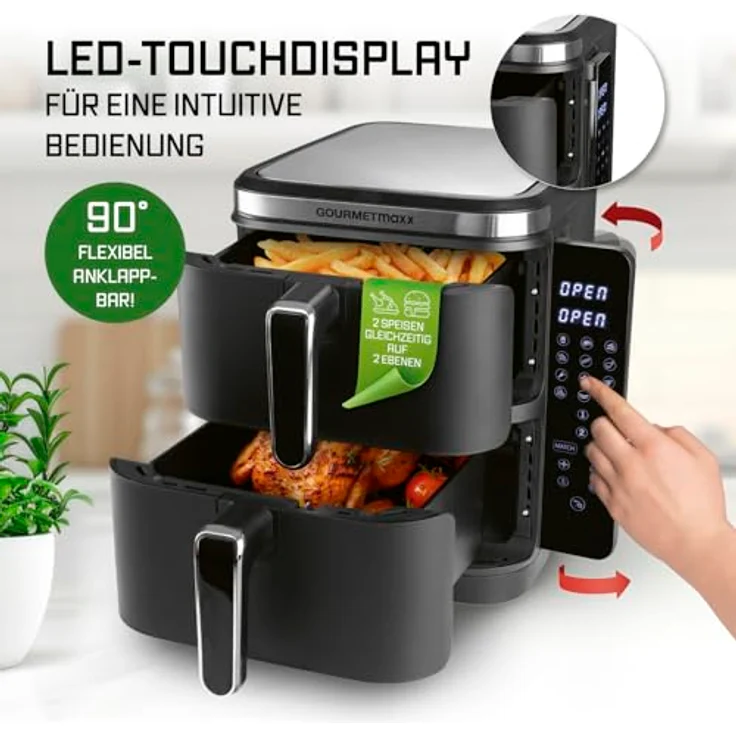 GOURMETmaxx FryUp Vertikale Doppelkammer Heißluftfritteuse | 10L Fassungsvermögen | 2 Kammern | klappbares Touchdisplay | 32% platzsparender – Bild 5