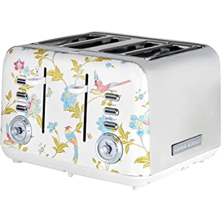 VQ Laura Ashley 4-Scheiben-Toaster, Vintage Edelstahl-Toaster mit 7 einstellbaren Wärmeinstellungen und Croissant-Aufsatz, China Rose