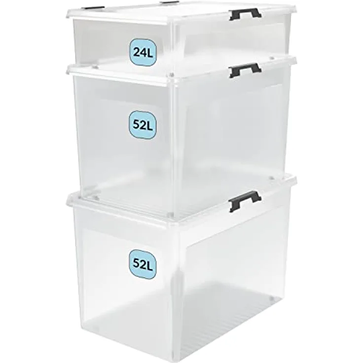 Deuba® Aufbewahrungsboxen 6 x 30l mit Deckel und Rollen, stapelbar, transparent Kunststoff BPA-frei Klickverschluss, RB60 für Büro, Garage, Waschraum