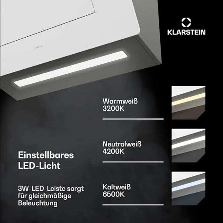 Klarstein SleekAir Dunstabzugshaube, 60 cm Kopffreihaube mit 686 m³/h, A++ Energieeffizienz, Touch-Bedienfeld, LED-Beleuchtung 2700-6500 K, duale Belüftung, Weiß – Bild 6