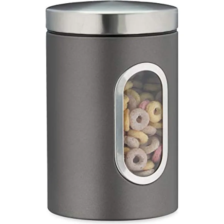 Relaxdays Vorratsdose, mit Deckel & Sichtfenster, 1,4 L, für Kaffee, Mehl, Pasta, Aufbewahrungsdose Küche, Metall, grau, 17 x 11 x 11 cm