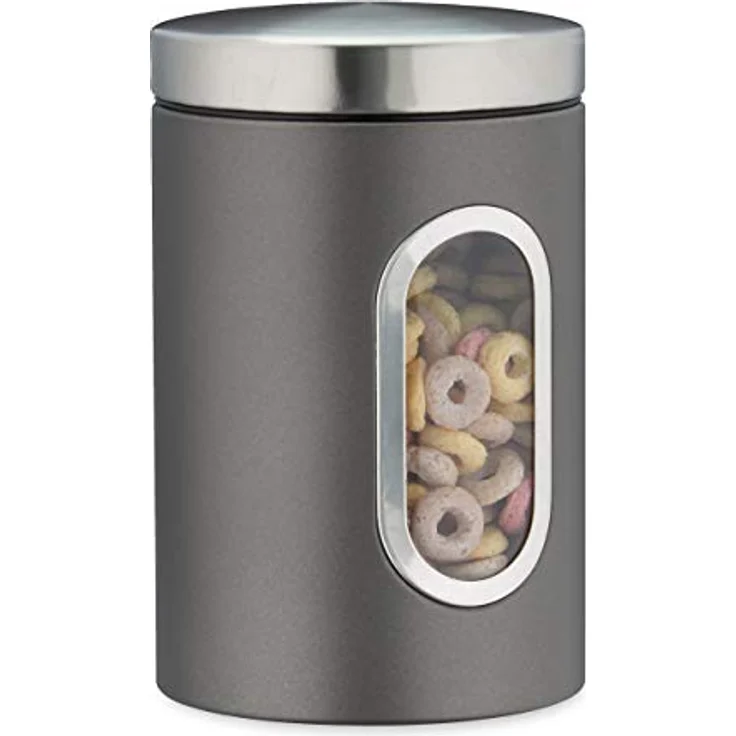 Relaxdays Vorratsdose, mit Deckel & Sichtfenster, 1,4 L, für Kaffee, Mehl, Pasta, Aufbewahrungsdose Küche, Metall, grau, 17 x 11 x 11 cm – Bild 1