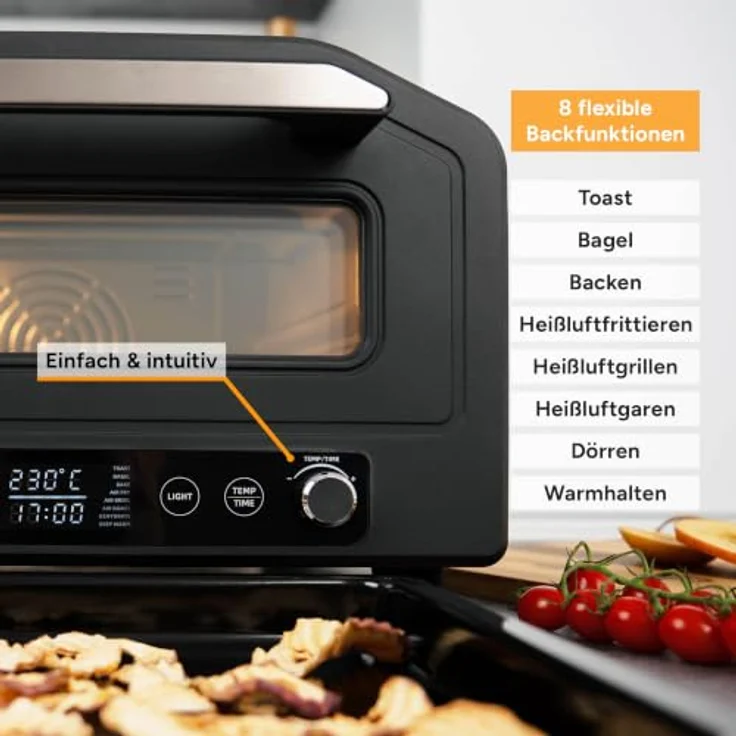 TZS First Austria Pizzaofen 18L, 400°C, 6 Programme, 8 Funktionen, 1700 W, Schwarz, inkl. Pizzastein, Pizzaschieber und Frittierkorb – Bild 5