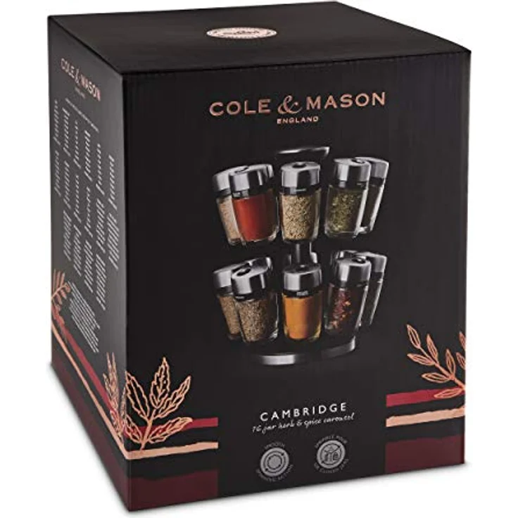 Cole & Mason H121808 Cambridge Gewürzregal mit 16 Gewürzgläsern, 360 Gewürzkarussell/Gewürzregal Stehend, Edelstahl/Glas, Gewürze/Kräuter enthalten, 2 Jahre Garantie – Bild 2
