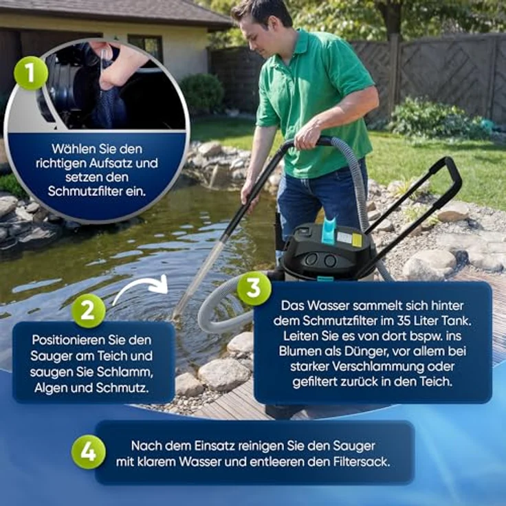 Teicher Teichsauger 1200W, Schlammsauger und Nasssauger mit 35L Behälter, Edelstahl und Kunststoff, IPX4 Schutzart – Bild 4
