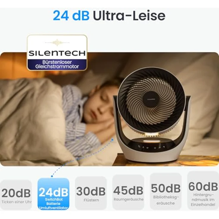 SwitchBot USB Tischventilator, leistungsstarker 24 dB leiser Batterie-Umluftventilator mit 4 Modi und 9-Std-Timer, kompatibel mit Alexa/Google/Siri (Hub erforderlich) – Bild 3