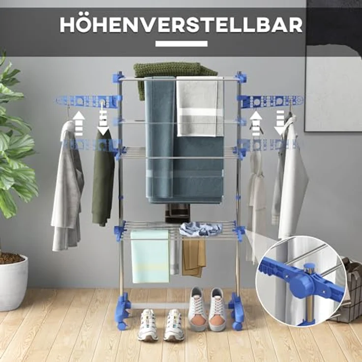HOMCOM Wäschetrockner Turm Wäscheständer mit Rollen, 3 Ebenen, Klappbarer Standtrockner mit Seitenflügel, Stahl Blau 80/142 x 55 x 152 cm – Bild 3