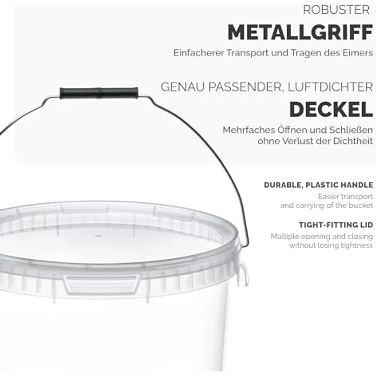 Garronda Eimer mit Deckel 20 L für die Lagerung von Lebensmittel- und Chemischen Produkten 20 Stück Transparent GD-0072, Kunststoffeimer mit lebensmittelechter, auslaufsicherer und luftdichter Aufbewahrungsfunktion – Bild 3