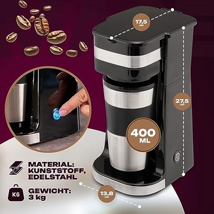 Clatronic 1-Tassen-Kaffeeautomat KA 3733, inkl. doppelwandigem Thermo-Edelstahlbecher, Aromaverschlussdeckel mit Trinköffnung, 400 ml Fassungsvermögen, passend für alle gängigen Getränkehalter – Bild 6