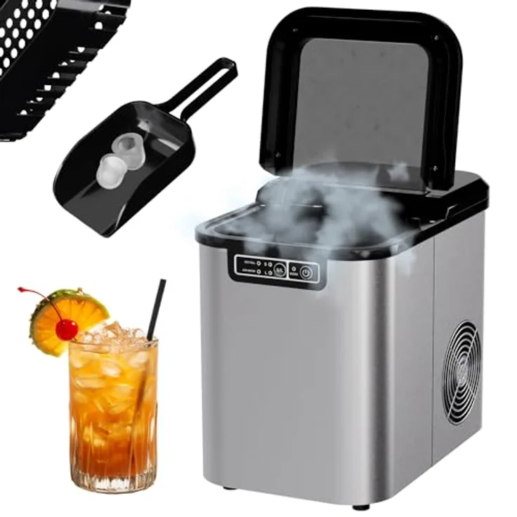 TroniTechnik® Eiswürfelmaschine aus Edelstahl, Ice Maker, 12kg/24h, 2,2 Liter Wassertank, Selbstreinigung, silberfarben