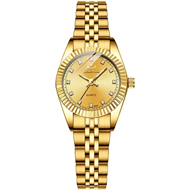 JewelryWe Damenuhr Quarz Analog, Edelstahl Armband mit beleuchtenden Zeigern und Strass, 3ATM wasserdicht, gold – Bild 1