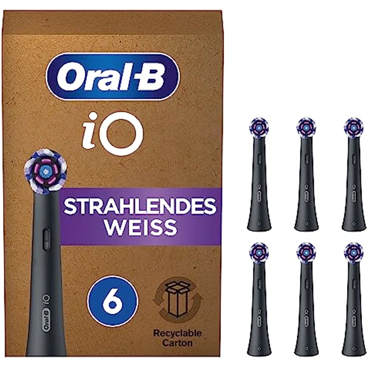Oral-B iO Strahlendes Weiss Aufsteckbürsten für elektrische Zahnbürste, 6 Stück, Zahnreinigung, Zahnbürstenaufsatz für Oral-B Zahnbürsten, briefkastenfähige Verpackung, Made in Germany, schwarz – Bild 1