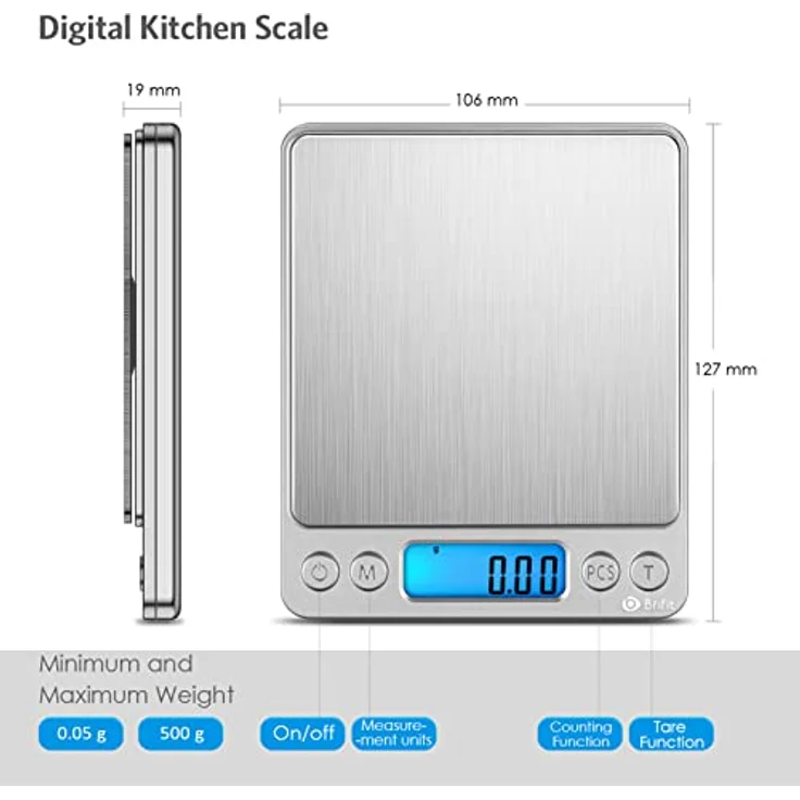 Brifit Feinwaage, Digitalwaage 500g mit 100g Edelstahl Kalibriergewicht, PCS-Funktion, Tara-Funktion, 6 Einheiten Konvertierung, Auto-Off, Silber – Bild 5