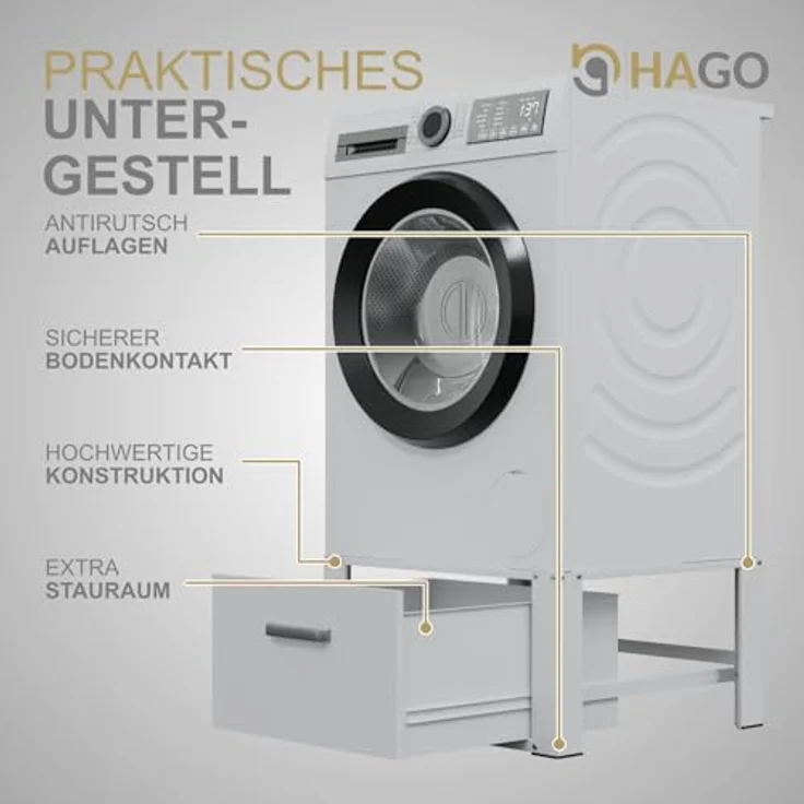 HAGO24 | Waschmaschinenuntergestell | Podest mit Schublade und Ablage | 150kg Traglast | Rückenschonend | Weiß | Aluminiumgriff – Bild 5
