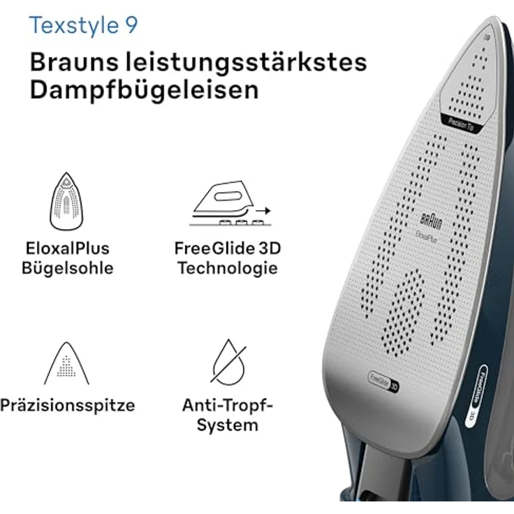 Braun TexStyle 9 SI9682 DB Dampfbügeleisen mit FreeGlide 3D Technologie, Vertikaldampf, Anti-Tropf-Funktion, Selbstreinigungsfunktion, 330 ml Einfüllöffnung, 260 g/min, 3200W, Dunkelblau – Bild 2