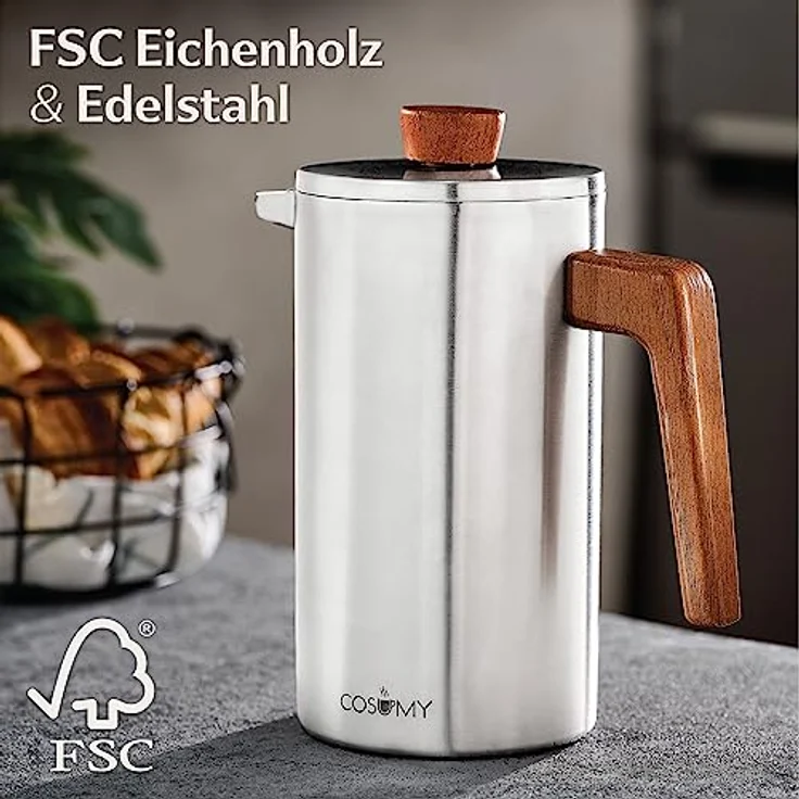 Cosumy French Press aus Edelstahl und FSC Holz - 1 Liter - Doppelwandige Thermo Isolierung - Große Kaffebereiter mit 2 Ersatzfiltern – Bild 3