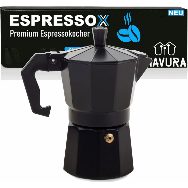 MAVURA ESPRESSOX Espresso Kocher 3 Tassen, Aluminium in schwarz
