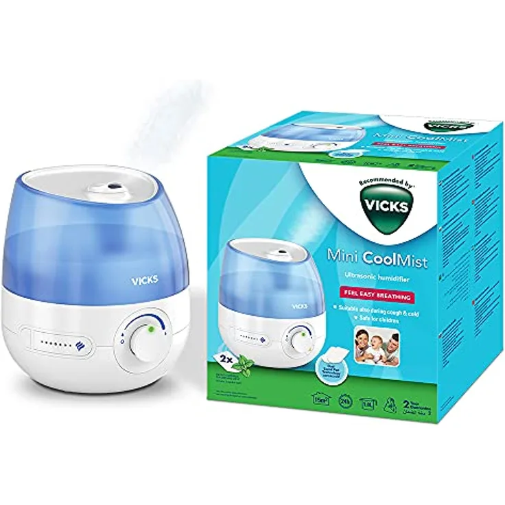 Vicks Mini Cool Mist Ultraschall-Luftbefeuchter VUL525 (kompakt, leise, für besseren Schlaf, Husten und Erkältung, ätherische Öle, Luftfeuchtigkeit, 15m2, weiß)