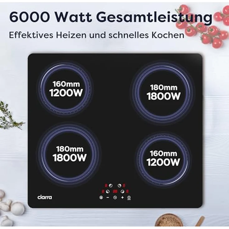 CIARRA CABBIH4-C 60cm Einbau Induktionskochfeld mit 4 Zonen, Touch-Bedienung, 9 Leistungsstufen, Timer und 6000W Leistung – Bild 5