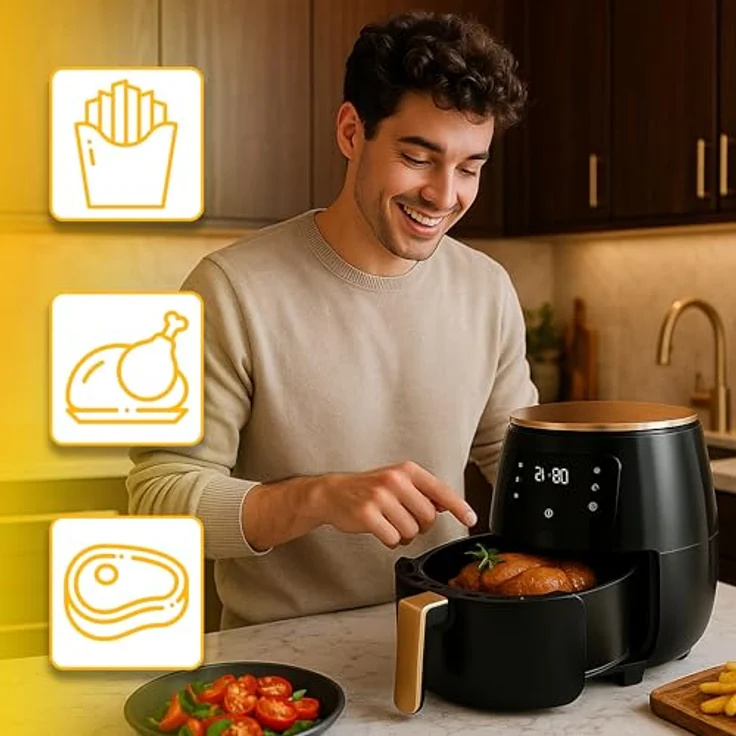 Retoo Heißluftfritteuse 6L Airfryer 2400W, 6 Programme, leise, Schwarz und Gold, LCD Display, LED Touchscreen – Bild 6