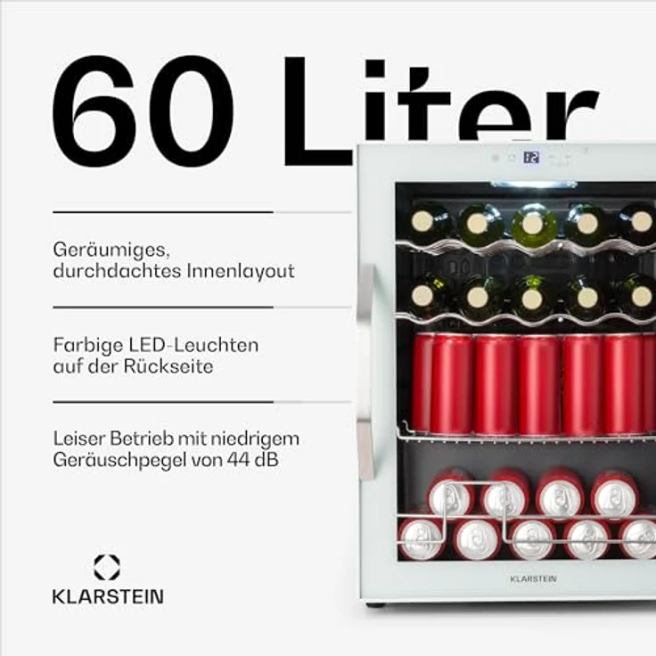 Klarstein Coachella 60, Getränkekühlschrank mit WLAN, 60 L, Glastür, LED-Innenbeleuchtung, 3-18 °C, 7 Lichtfarben, 3 Metallablagen, Energieeffizienz E, Weiß – Bild 2