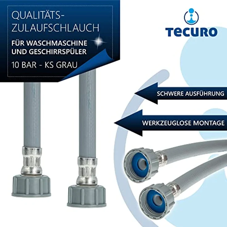 tecuro Zulaufschlauch 2,00 m, gerade, für Waschmaschinen und Geschirrspüler, 10 bar, KS-grau – Bild 2