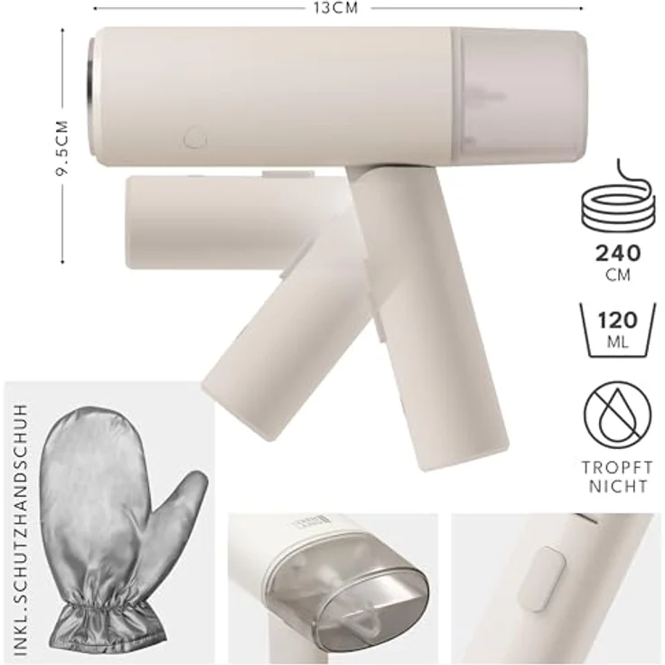 LEBENLANG Reise Dampfglätter, Kompakt Faltbar, 900W Hand Steam Iron mit Reise Set in Weiß, inkl. Bügelhandschuh und Reisetasche – Bild 3