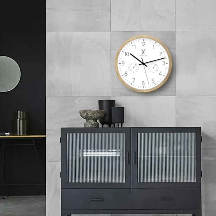 Holzwerk Holzwerk Wanduhr, Rund, beige und weiß, 30 cm, mit Thermo-Hygrometer, handgefertigt aus massivem Holz, minimalistisches Design – Bild 7