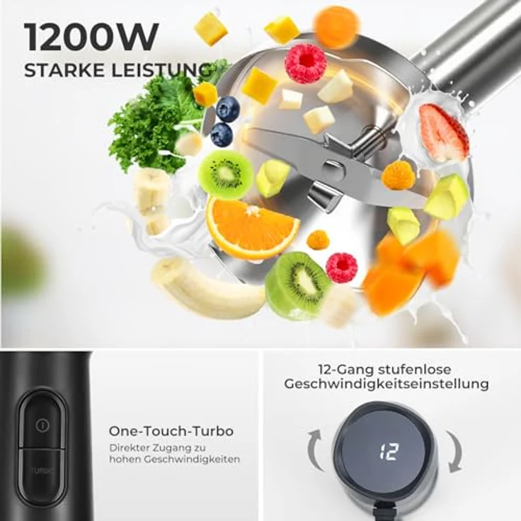 Kowdom 1200 Watt Stabmixer, Edelstahl Pürierstab mit 12 Geschwindigkeitsstufen und Turbofunktion, inklusive 800ml Mixbecher, spülmaschinenfest und platzsparend – Bild 3