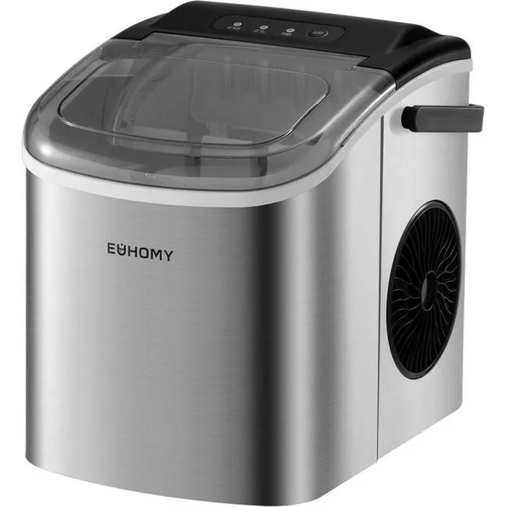 EUHOMY IM001-BSI, Eiswürfelbereiter mit 1,2 L Wassertank, silber, 12 kg Eisproduktion pro Tag, automatische Reinigungsfunktion