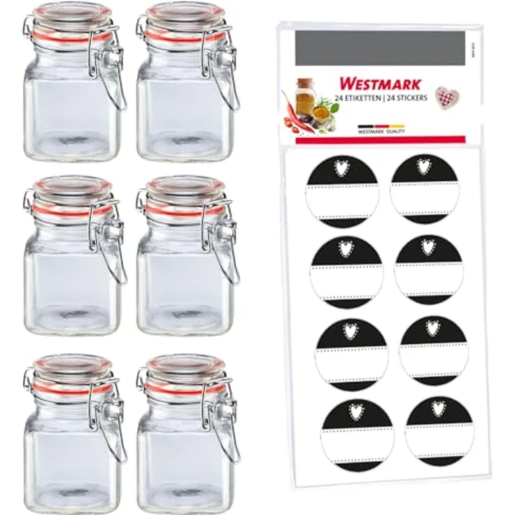 Westmark 6 Drahtbügelgläser, 100 ml, Transparent/Silber, mit 8 Dekoetiketten zur individuellen Beschriftung