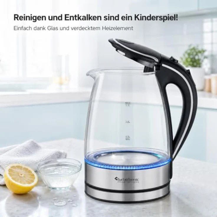 TurboTronic TT-LED01 Wasserkocher, 2200 W Glas mit 1,7 l Fassungsvermögen und blauer LED-Innenbeleuchtung, BPA-frei – Bild 5