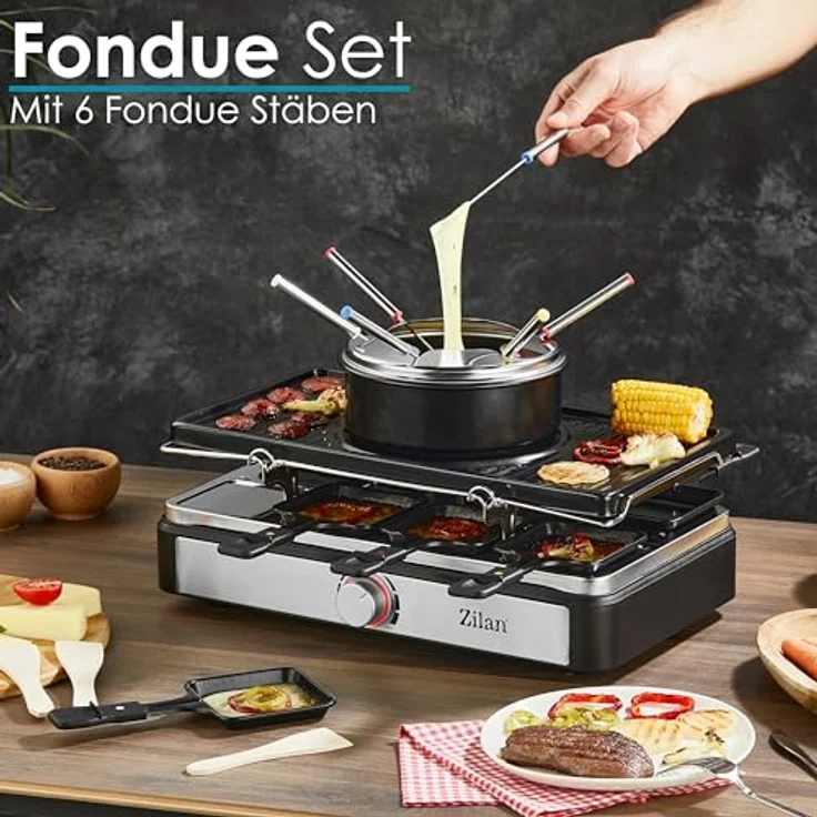 Raclette Grill mit Fondue Set | Raclette Gerät | 8 Personen | Tischgrill | Party Grill | Elektro Grill | Raclettegrill | Massive Naturstein- und beschichtete Grillplatte | Heizelement aus Edelstahl – Bild 2