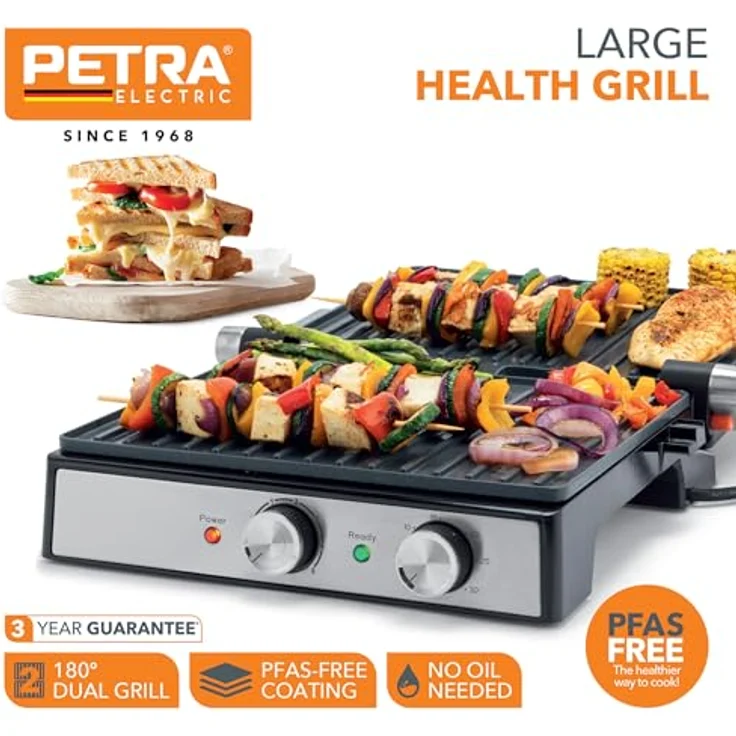 Petra PT6234VDE Kontaktgrill – Elektrogrill, PFAS-freie Keramikbeschichtung, einstellbare Temperatur und Timer, 29 x 23cm platten, 2000 W – Bild 2