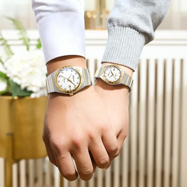 JewelryWe Paar Uhren Leuchtende Partneruhr, 30m Wasserdicht, Kalender Analog Quarz, Edelstahl Band, Weiße Zifferblätter mit Römischen Ziffern und Strassskala, 2er Set – Bild 2