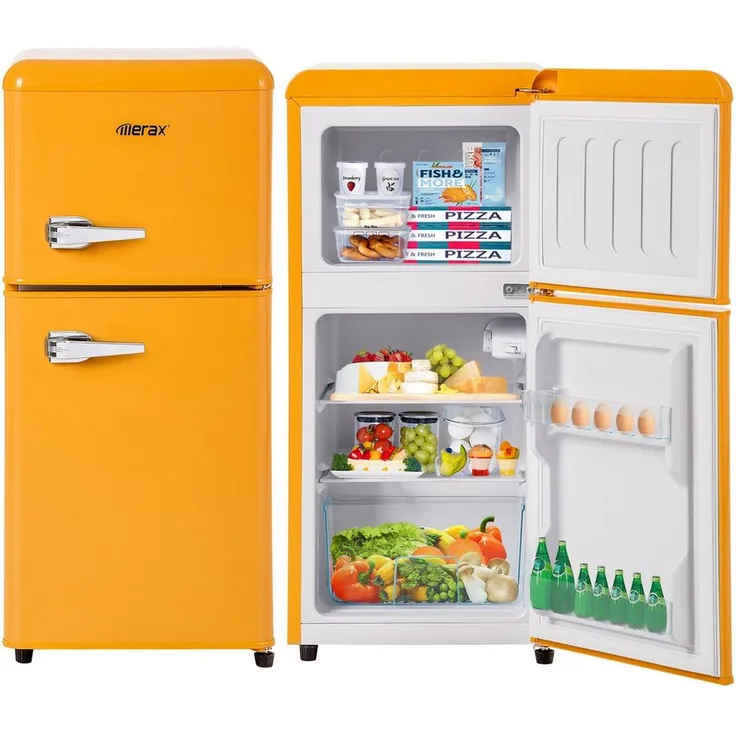 Merax BCD-86, Retro Table Top Kühlschrank in Rot, 60 L mit Gefrierfach, Energieeffizienzklasse E, 87 cm hoch, 42 cm breit