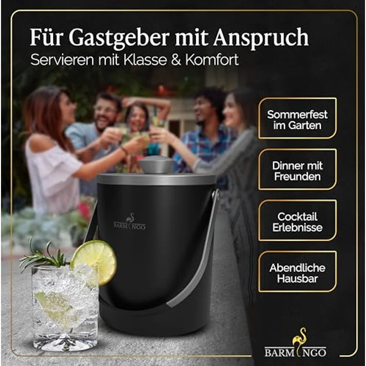BARMINGO Edelstahl Eiswürfelbehälter mit Deckel, 2l doppelwandig und isoliert, mit Sieb und Zange, BPA-frei, Schwarz-Silber – Bild 3