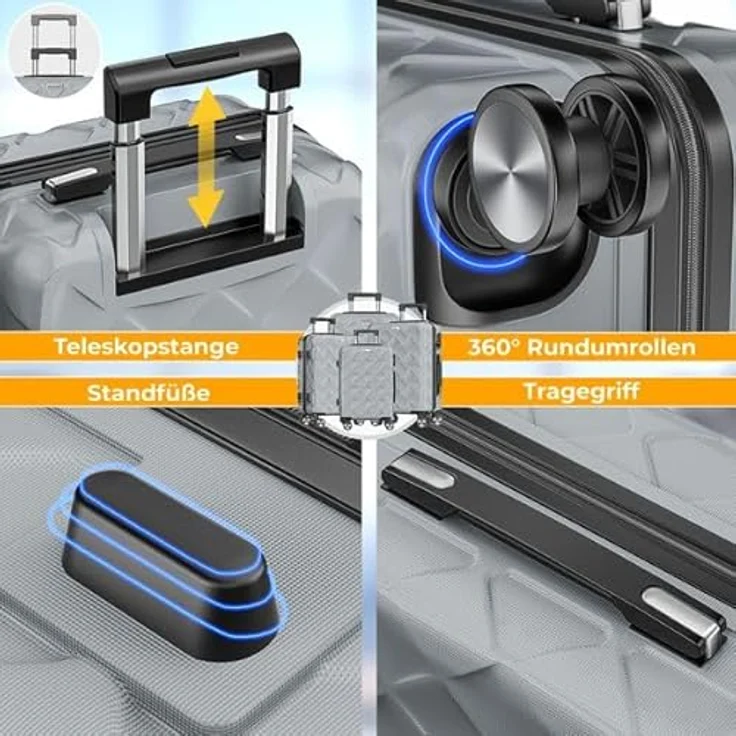 KESSER® Reisekoffer Set 4-teilig, ABS Hartschalenkoffer mit Zahlenschloss, Kofferwaage, Reisebrieftasche und 360° Rollen, Handgepäck & große Koffer in Iron Grey – Bild 5