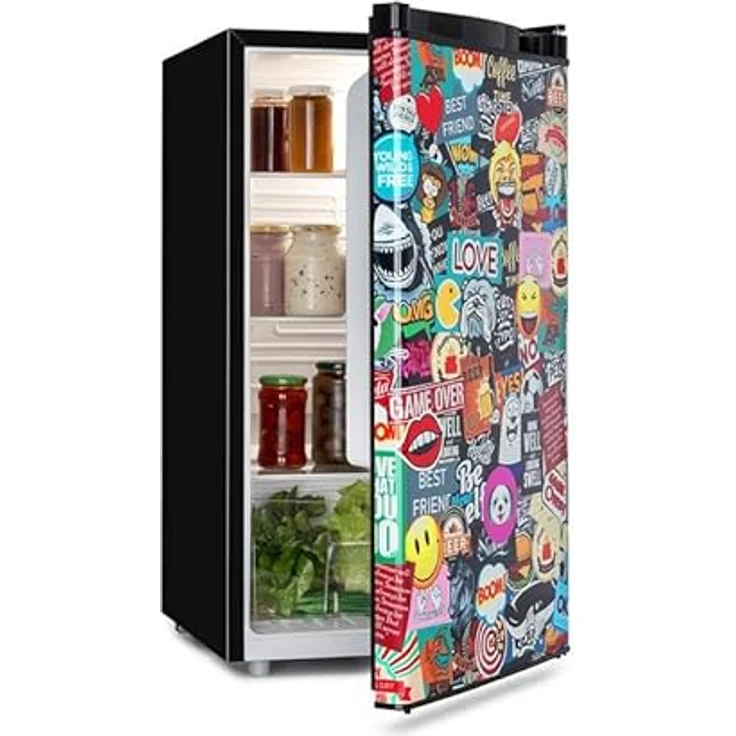 Klarstein Cool Vibe Kühlschrank, 90 Liter, Manga-Comic-Design Print, Crisper Fach, 42 dB, schwarz – Bild 1