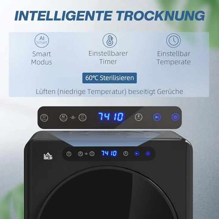 HOMCOM Mini Ablufttrockner 3 kg, 1000W Wäschetrockner mit Desinfektionsfunktion, 6 Programme, Touch-Screen, 3 Temperaturen, Timer, Schwarz – Bild 3