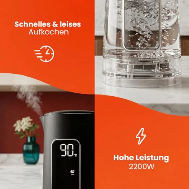 Huslog Elektrischer Wasserkocher AK-02014H, 1,7L mit Touchscreen, 2200W, präzise Temperaturregelung und Warmhaltefunktion – Bild 3
